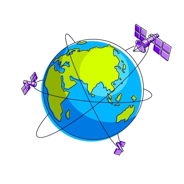 地球上の通信技術衛星は地球の周りの軌道上の宇宙飛行 太陽電池パネルと衛星アンテナプレートを備えた宇宙ステーションを飛行します 細い線3Dベクトル図 — ストックベクタ