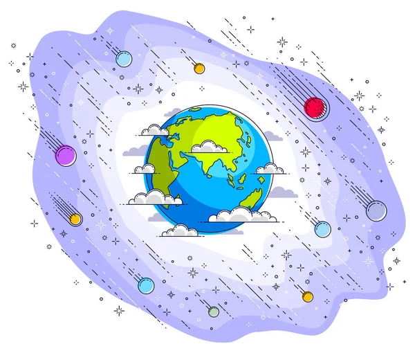 Die Erde All Unser Planet Riesigen Kosmos Umgeben Von Meteoriten — Stockvektor