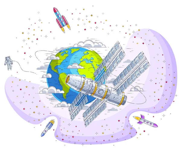 Estação Espacial Voando Voo Espacial Orbital Torno Terra Nave Espacial —  Vetores de Stock