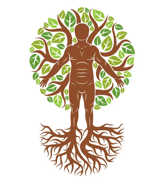人类的矢量插图 运动员作为大树的延续 有着强烈的根 被生态绿叶所包围 神话生物 业斯拉夫神 — 图库矢量图片