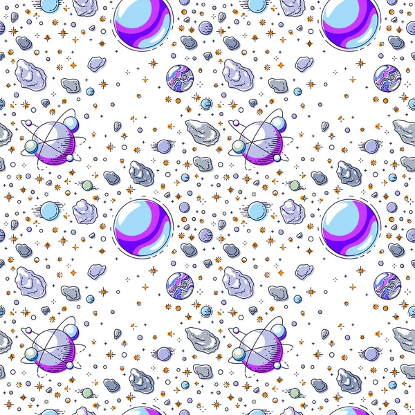 Sfondo Spaziale Senza Soluzione Continuità Con Pianeti Stelle Asteroidi Meteore — Vettoriale Stock