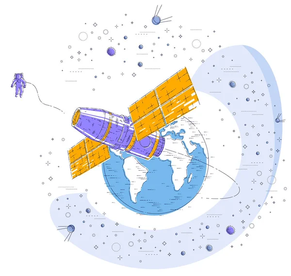 宇宙ステーションは地球の周りを周回飛行し 宇宙船は太陽電池パネル 人工衛星 星や他の要素に囲まれています 細い線3Dベクトル図 — ストックベクタ
