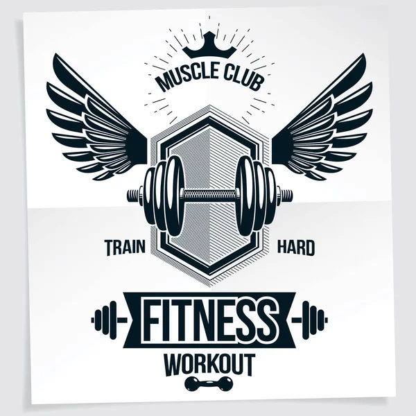 Disk ağırlık dambıl, kuş kanatları ve Kraliyet tacı ile oluşturulan Halter Şampiyonası vektör promosyon el ilanı. Zor yazı Tren.