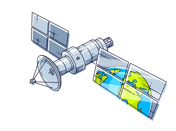 Künstliche Orbitalsatelliten Schweben Der Schwerelosigkeit Und Reflektieren Die Erde Sonnenkollektoren — Stockvektor