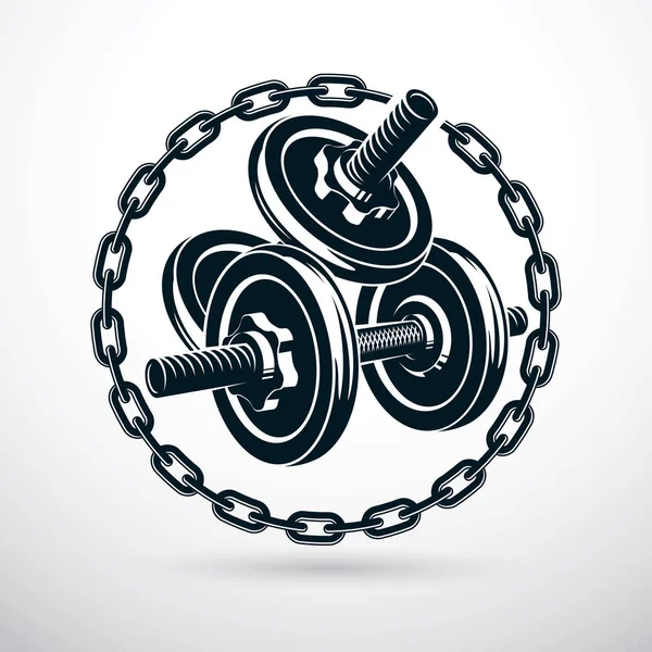 Demir zinciri tarafından çevrili dumbbell ve disk ağırlık vektör çizim. Çapraz vücut geliştirme ve uygun Spor donatımı.