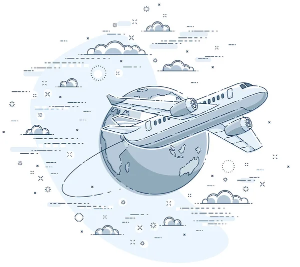 Авіакомпанії Авіаперельоти Ілюстрації Літаком Авіалайнером Планетарною Землею Небі Оточенні Хмар — стоковий вектор
