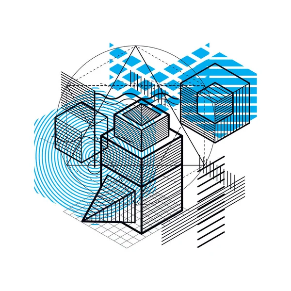 Fondo Vectorial Abstracto Con Líneas Formas Isométricas Cubos Hexágonos Cuadrados — Archivo Imágenes Vectoriales