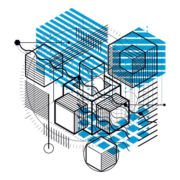 İzometrik elemanları ile arka plan, çizgiler ve şekiller ile doğrusal sanat vektör. Küpleri, Altıgenler, kareler, dikdörtgenler ve farklı soyut öğeler.