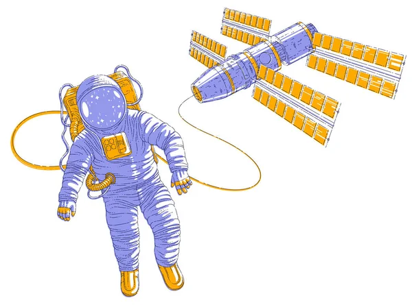 Космонавт Летящий Открытом Космосе Соединенный Космической Станцией Космонавт Скафандре Плавающий — стоковый вектор