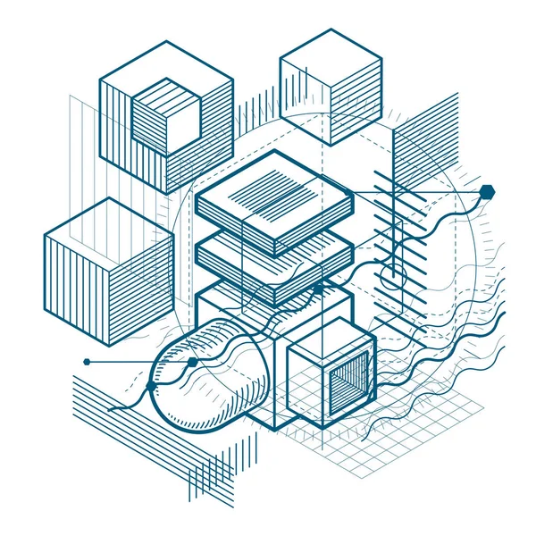 İzometrik doğrusal soyut vektör arka plan, çizgili soyutlama. Küpleri, Altıgenler, kareler, dikdörtgenler ve farklı soyut öğeler.