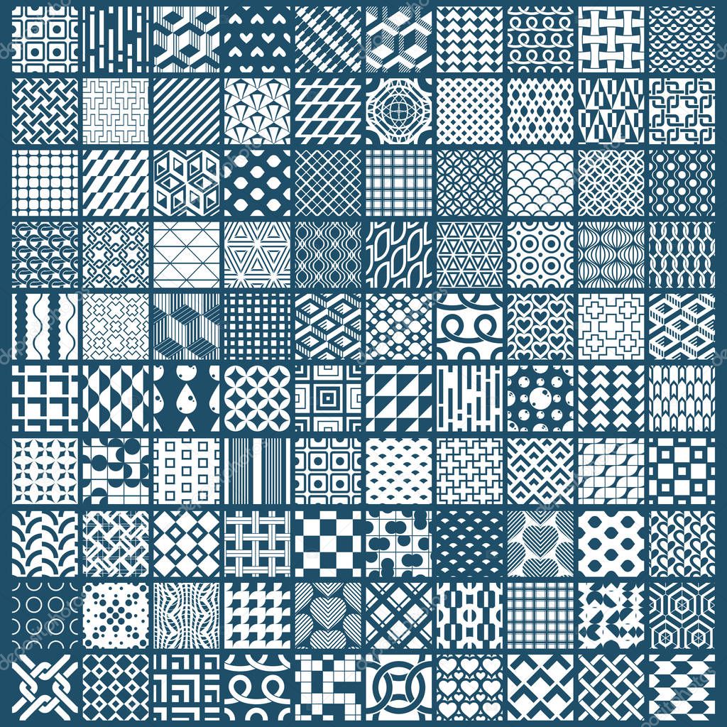 Vector graphic vintage textures created with squares, rhombuses and other geometric shapes. Monochrome seamless patterns collection best for use in textiles design.
