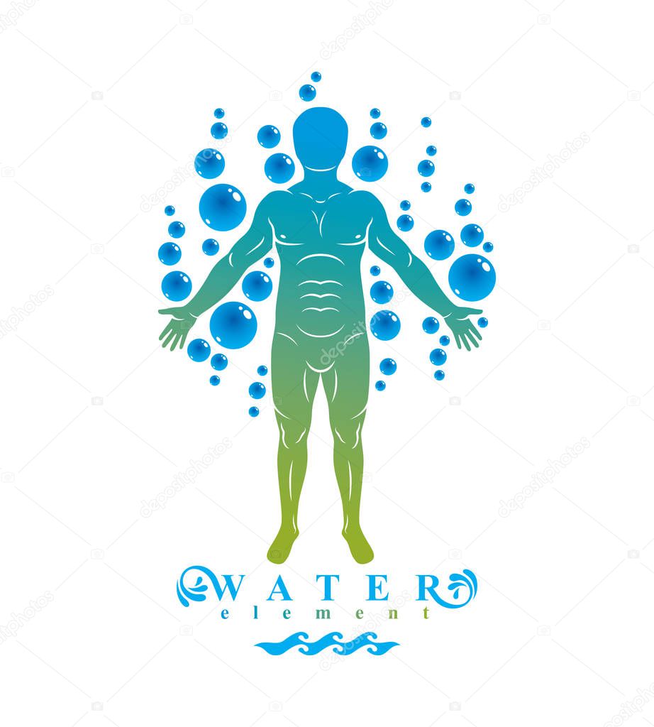 Vector illustration of athletic man isolated on white and surrounded with water bubbles, element of water. Environment conservation metaphor. 