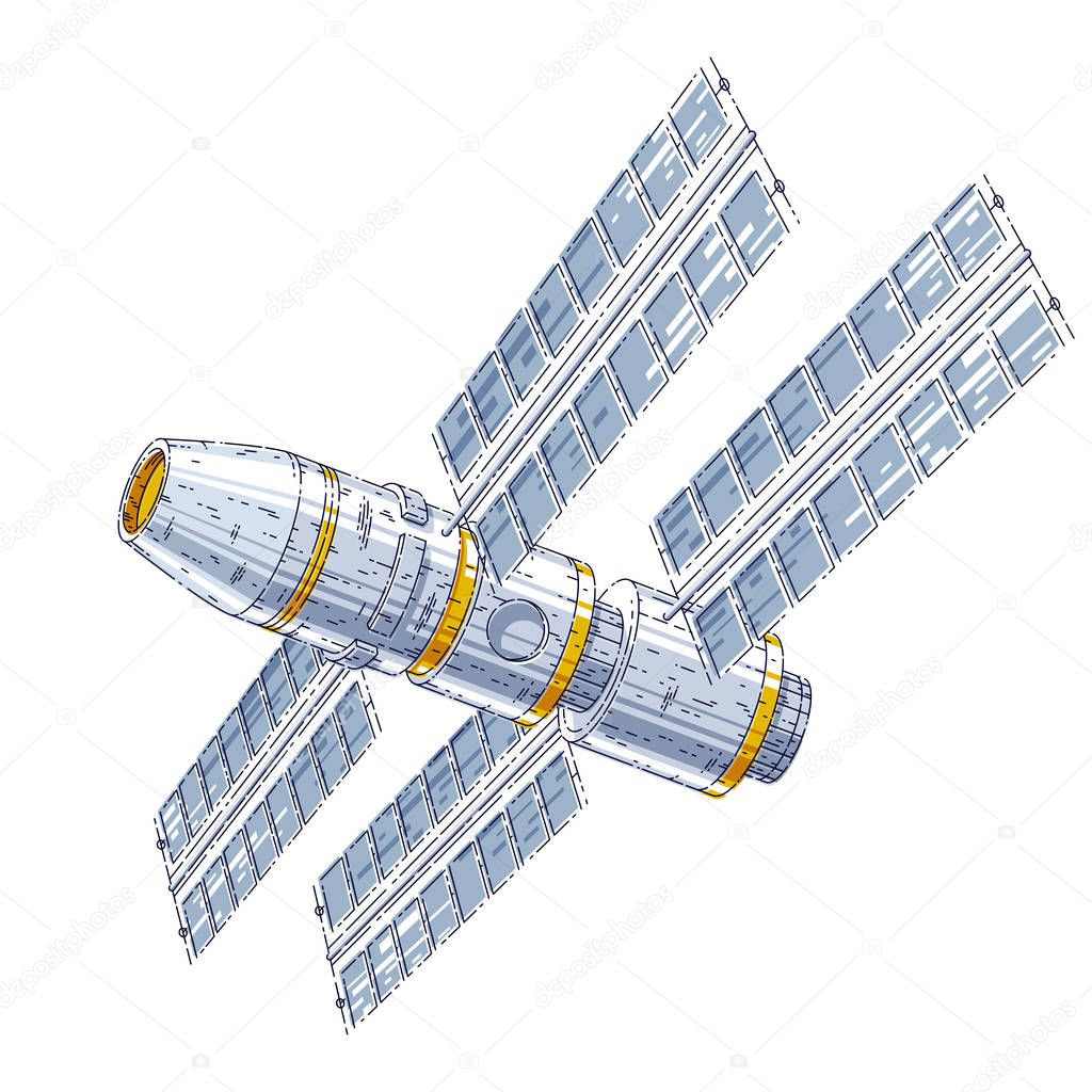 Space station iss floating in weightlessness in open space, spacecraft artificial satellite, science and technology. Thin line 3d vector illustration isolated on white background.