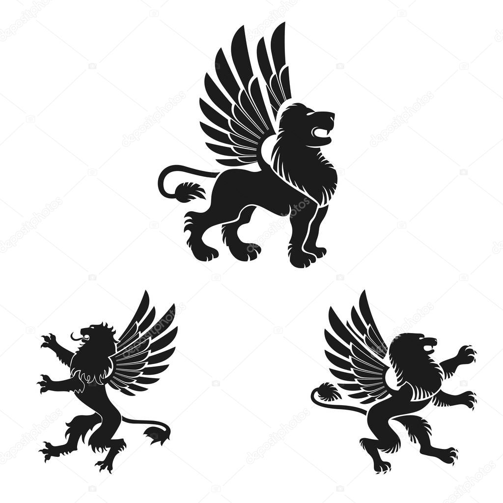 Winged Lion ancient emblems elements set. Heraldic vector design elements collection. Retro style label, heraldry logo.