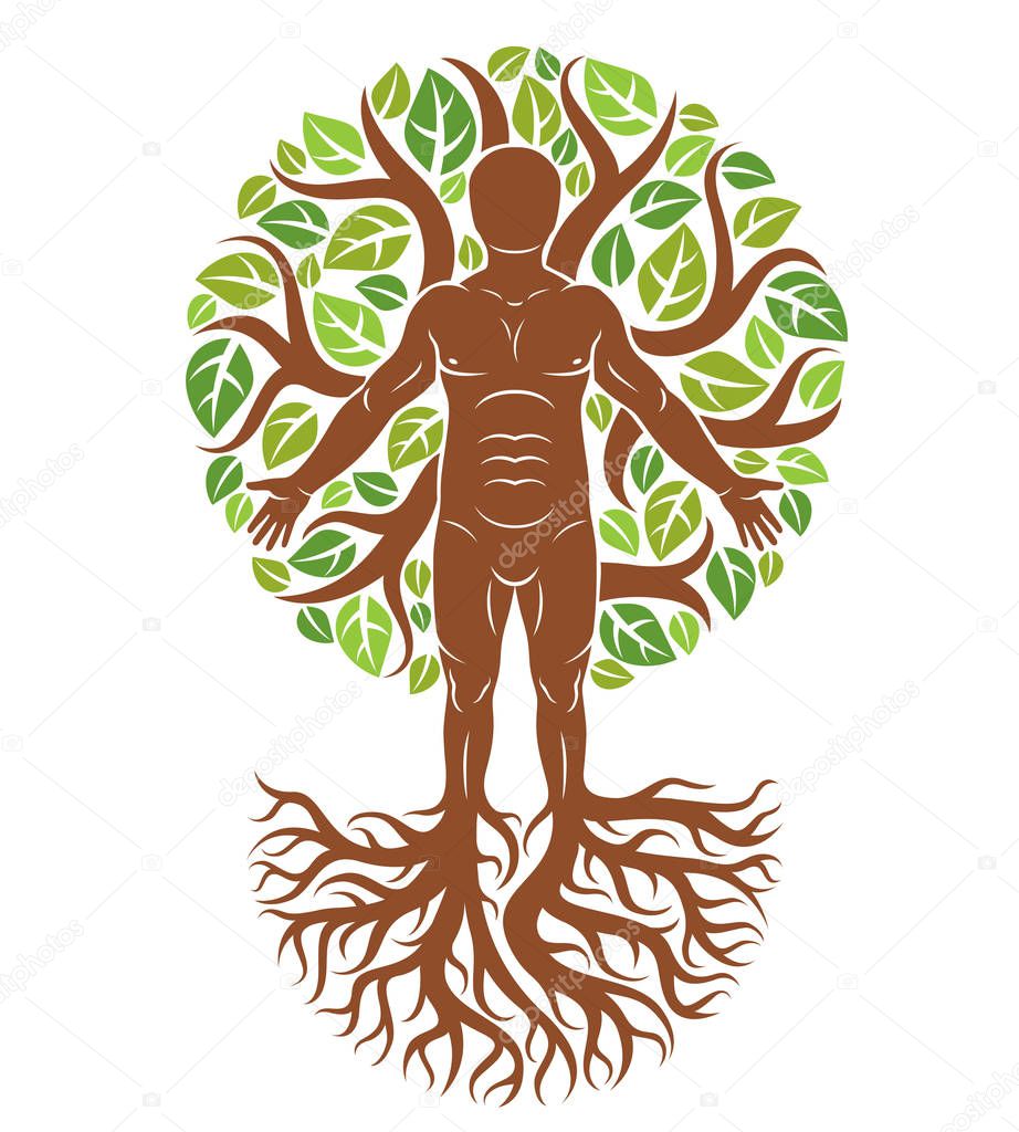 Vector illustration of human, athlete made as continuation of tree with strong roots and surrounded by eco green leaves. Mythic creature, Perun Slavic god.