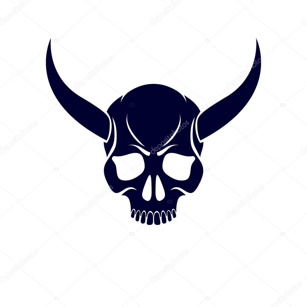 Vector scary scull graphic illustration. Demonic infernal creature, horned wicked Baphomet vector symbol.