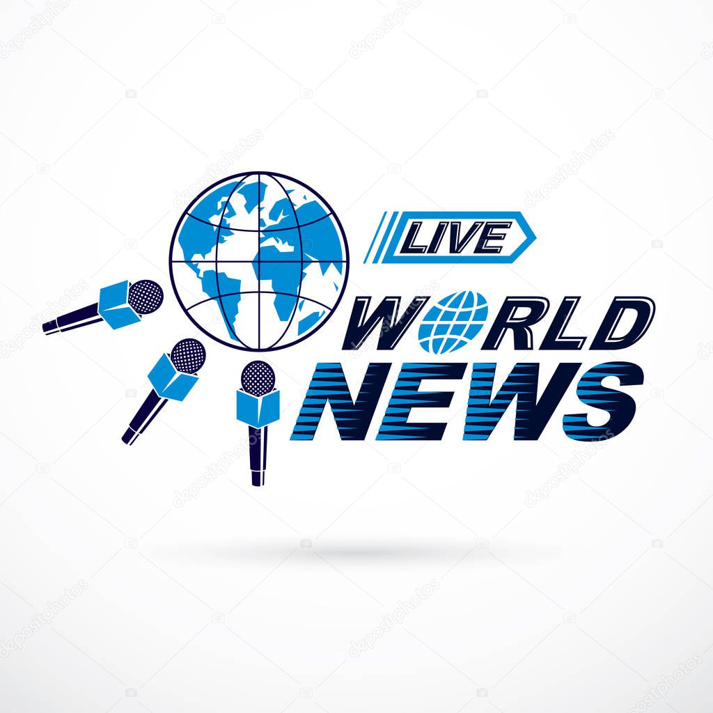 Social telecommunication theme vector logo created with blue Earth planet illustration surrounded with microphones and composed using world news inscription. Press conference concept.