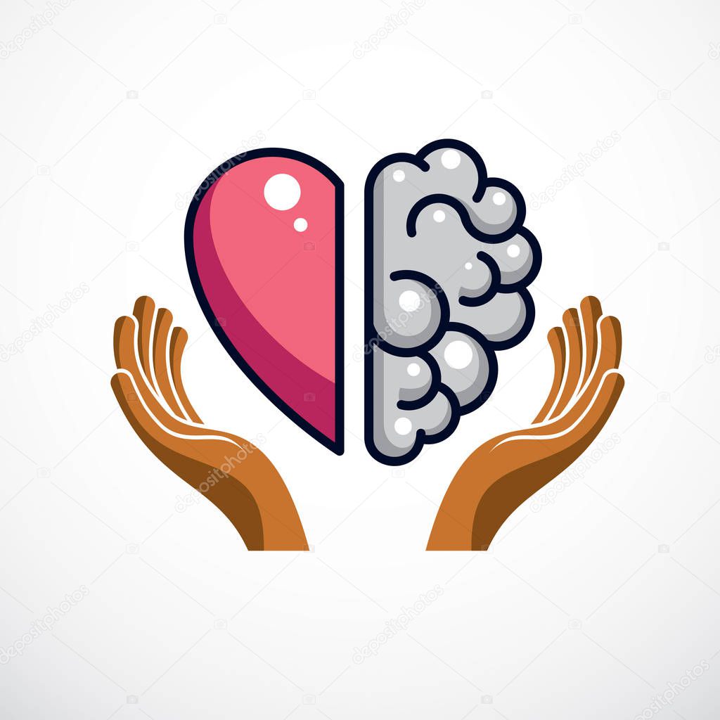 Heart and Brain concept, conflict between emotions and rational thinking, teamwork and balance between soul and intelligence. Vector logo or icon design.