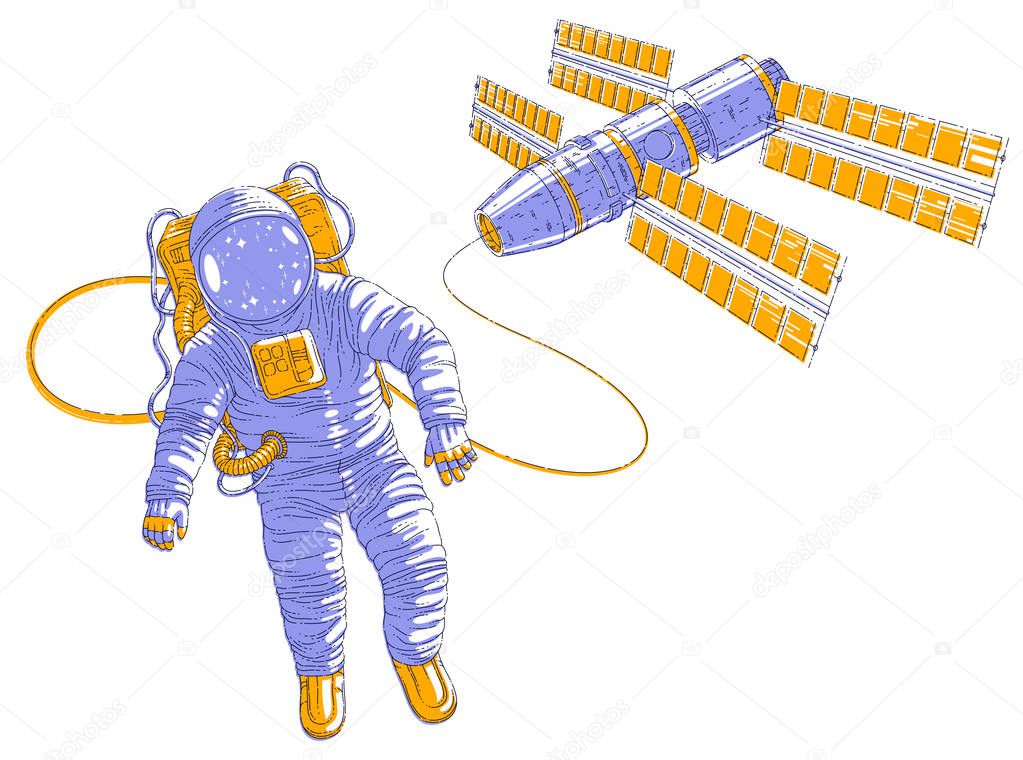 Astronaut flying in open space connected to space station, spaceman in spacesuit floating in weightlessness and iss spacecraft with solar panels behind him. Vector illustration isolated over white.