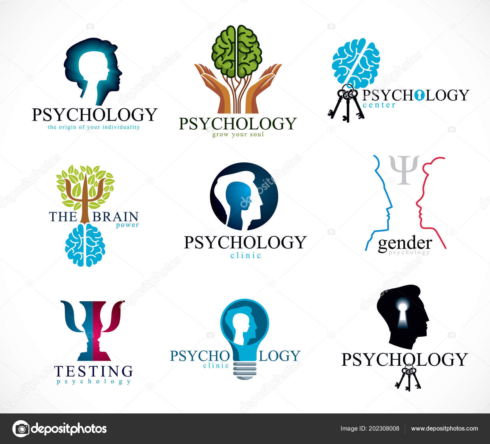 Psychology Brain Mental Health Vector Conceptual Icons Logos Set