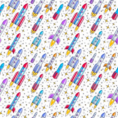 Roketler ve yıldız, çocuklar, sonsuz döşeme deseni, vektör çizim karikatür motif için keşfedilmemiş gökada kozmik fantastik ve ilginç tekstil kumaş alan sorunsuz arka plan.