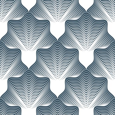 Özet satırları geometrik seamless modeli, vektör sonsuz kumaş arka plan tekrarlayın. Kabuklu deniz kabukları şekiller trendy tekrar motif. Tek renk, siyah ve beyaz. Kumaş, duvar kağıdı, ambalaj, web ve baskı için kullanılabilir.