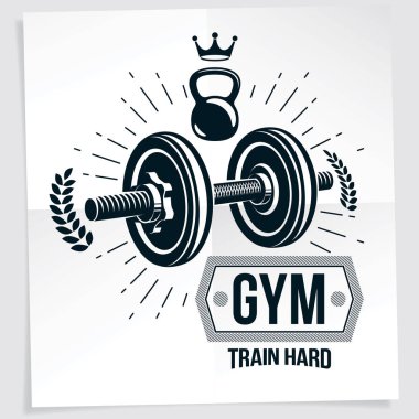 Vücut geliştirme vektör motivasyon posteri disk ağırlık dambıl, su ısıtıcısı çan Spor donatımı ve Kraliyet tacı ile oluşturulmuş. Zor yazı Tren.