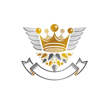 Eski Crown amblemi. Hanedan vektör tasarım öğesi. Retro tarzı etiket, Hanedanlık armaları logo. Beyaz arka plan üzerinde izole antika logo.