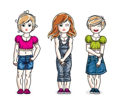 Sevimli küçük kız ayakta moda rahat kıyafetler giyiyor. Güzel çocuklar çizimler vektör kümesi.