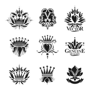 Kraliyet sembolleri, çiçek, çiçek ve kron, amblem seti. Hanedan vektör tasarım öğeleri koleksiyonu. Retro tarzı etiket, Hanedanlık armaları logosu.