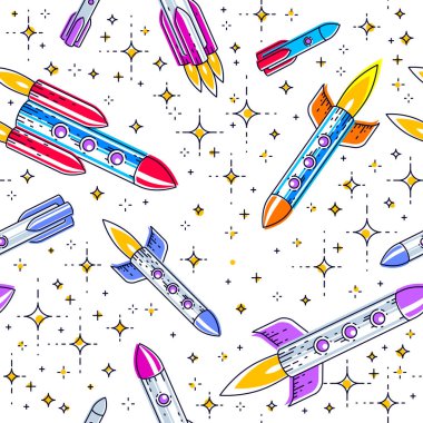 Roketler ve yıldız, çocuklar, sonsuz döşeme deseni, vektör çizim karikatür motif için keşfedilmemiş gökada kozmik fantastik ve ilginç tekstil kumaş alan sorunsuz arka plan.