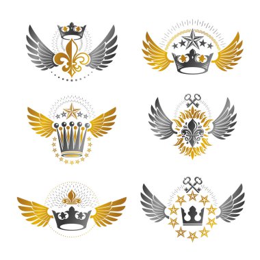 İmparatorluk kron ve Vintage yıldız amblem ayarlayın. Hanedan arması, vintage vektör logolar toplama.