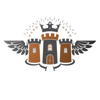 Antik kale amblemi. Hanedan vektör tasarım öğesi. Retro tarzı etiket, Hanedanlık armaları logo. İzole beyaz zemin üzerine süslü logo.
