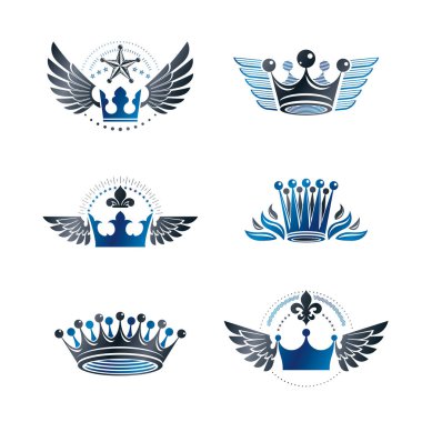 Görkemli kron ve eski yıldız amblem ayarlayın. Hanedan arması dekoratif logoları vektör çizimler toplama izole.