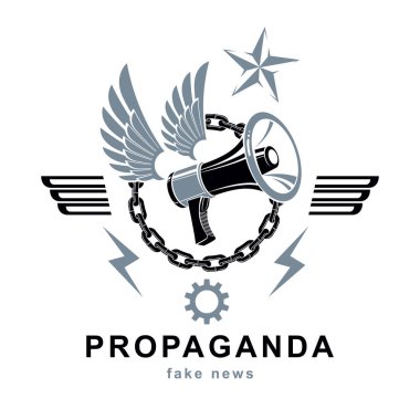 Vektör logo demir zinciri ve mühendislik cog wheel çevrili megafon ekipman ile oluşan kanatlı. Propaganda ideoloji empoze Yöntem olarak
