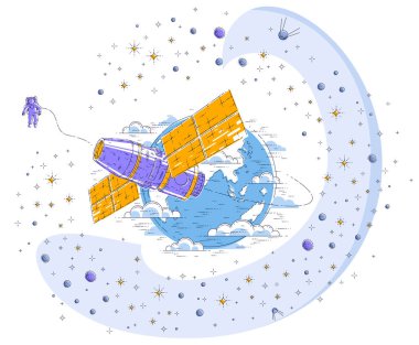Dünya 'nın yörüngesinde dönen uzay istasyonu, uzay aracı, güneş panelleri, yapay uydu, yıldızlar ve diğer elementlerle çevrili. İnce çizgi 3d vektör çizimi.