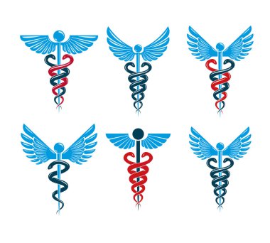 Kuş kanatları ve yılan kullanılarak oluşturulan Caduceus sembolleri vektör kümesi. Tıbbi tedavi ve rehabilitasyon Tema resimler.