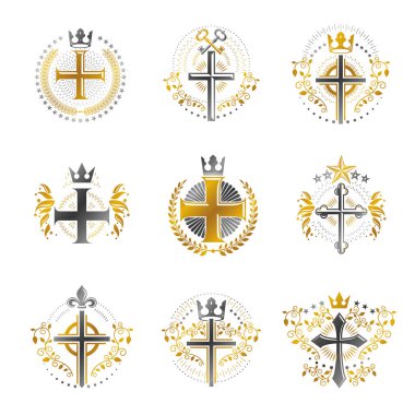Christian Cross amblemleri yerleştirildi. Arms dekoratif logoları Heraldic Coat izole edilmiş vektör çizimleri koleksiyonu.