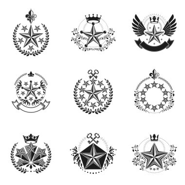 Askeri yıldız amblem ayarlayın. Hanedan vektör tasarım öğeleri koleksiyonu. Retro tarzı etiket, Hanedanlık armaları logosu.