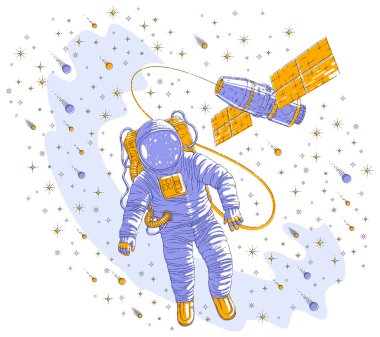 Astronot Uzay İstasyonu, keşfedilmemiş gezegenler, yıldızlar ve kuyruklu yıldızlar tarafından çevrili hafiflik ve ISS uzay aracı yüzen spaceman bağlı açık uzaya çıktı. Vektör çizim.