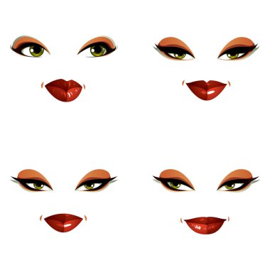 Farklı duygular içinde seksi kadın portreleri vektör kümesi. Kadın yüzleri güzel makyaj, yeşil gözleri ve kırmızı dudaklar ile parçaları.