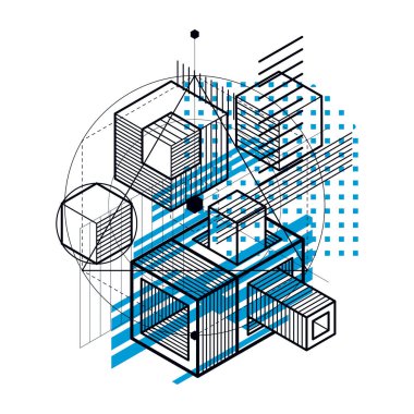 Soyut itmeyi arka plan, 3B vektör düzeni. Kompozisyon küpleri, Altıgenler, kareler, dikdörtgenler ve farklı soyut öğeler.