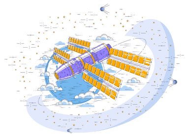 Uzay İstasyonu uçan yıldızlar ve diğer öğeler tarafından çevrili toprak, uzay gemisi uzay gemisi ISS yapay uydu, güneş panelleri ile çevresinde yörünge uzay uçuşu. İnce çizgi 3d vektör çizim.
