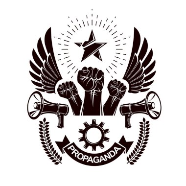 Vector marketing banner created using clenched fists raised up, loudspeaker equipment and engineering cog wheel element. Proletarian revolution, no limits and restrictions concept. clipart