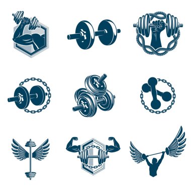 Halter temalı halter koleksiyonu halterler, halterler ve disk ağırlıkları spor ekipmanları kullanılarak yapılmıştır. Güçlü adam mükemmel vücut..