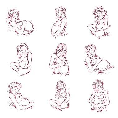 Attractive pregnant woman body silhouette drawings. Vector illustration of mother-to-be fondles her belly. Happiness and caress concept. clipart