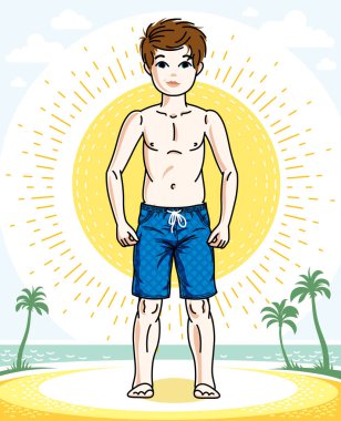 sevimli çocuk kumsalda, çocukluk yaşam tarzı clipart ayakta şık şort giyiyor.