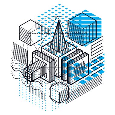 İzometrik arka plan çizgileri ve diğer farklı elemanları, vektör soyut şablonu. Kompozisyon küpleri, altıgenler, kareler, dikdörtgenler ve soyut öğeler.