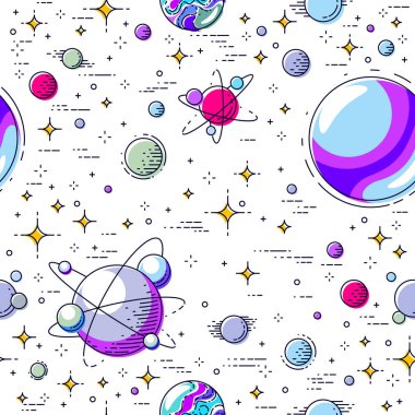 Gezegenler, yıldızlar, asteroitler ve göktaşları, keşfedilmemiş derin evren fantastik ve nefes kesen tekstil kumaş, sonsuz döşeme deseni, çocuklar için ile sorunsuz alan arka plan illüstrasyon vektör.