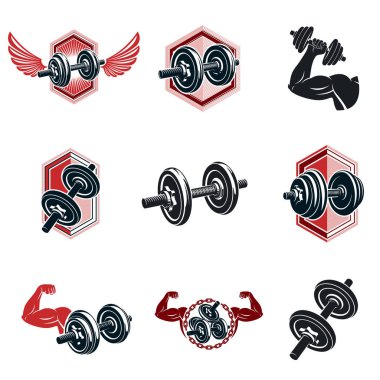 Dambıllar ve disk ağırlıkları spor ekipmanları ile oluşturulmuş vektör ağırlığı temalı çizimler. Güçlü adam mükemmel vücut..